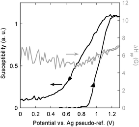 EPR susceptibility and EPR linewidth (ΔHpp) as a function of the electrode potential, measured during the electrochemical doping and dedoping of P1, electrolyte −0.1 M Bu4NBF4–acetonitrile solution.