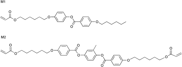 Liquid crystalline monomers with one (M1, top) and two (M2, bottom) reactive sites.
