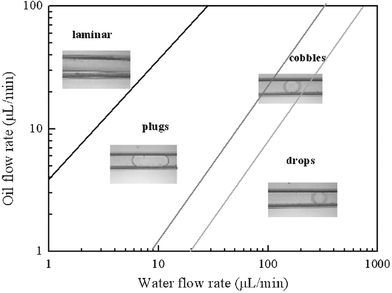 Flow patterns with different two-phase flow rates at surfactant concentration of 1% w/w. We form four well-defined flow patterns when the oil phase and water phase flow rates are in the ranges of 1–100 µL min−1 and 1–1000 µL min−1 respectively. The flow patterns are mainly dependent on the ratio of water phase flow rate Qw to oil phase flow rate Qo.