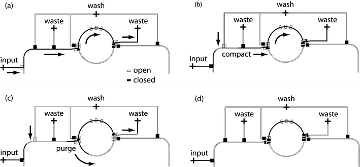 Microfluidic metering process. Open and closed symbols refer to open and actuated control valves, respectively. (a) Sample of interest flows from an input port through one half of the rotary mixer. (b) Sample is compacted against a valve on the right side of the mixer, ensuring a consistent cross-sectional area. (c) Excess sample is flushed to the waste port. (d) A unit-sized sample results and can be mixed or transported to storage.