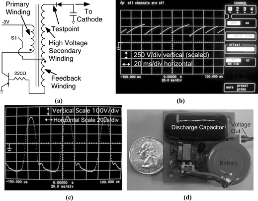 Battery operated circuit used to create the discharge. (a) Schematic of the circuit. (b) Oscilloscope trace of output (cathode) waveform. The breakdown voltage varied from 240–280 V. The time period of the pulse was 20–30 ms depending on the breakdown voltage. (c) Measured waveform at the testpoint. The waveform has a frequency of 43 µs and an amplitude of 300 V. The center line represents ground in both (b) and (c). (d) Photograph of the circuit shown against a US quarter.