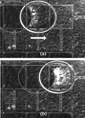 Sequential close-up views of sampling the Teflon powder. The broken circles are drawn to depict the previous shape of the droplet before moving to the next right electrode. (a) It is seen inside the contour of the droplet that the particles gather. (b) The particles gathered in the previous step disappear and another group of particles gathers inside the droplet contour again, but not in the overlapping area with the previous droplet footprint.
