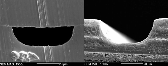 The cross sectional area of a PMMA chip bonded with a trisolvent system consisting of 47.5% DMSO, 47.5% water and 5% methanol. The figure on the right is an SEM image of an unbonded channel which measures 50 µm wide and 20 µm deep.