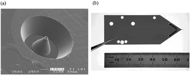 Two kinds of microfabricated nanoelectrospray tips. (a) A tip mated to a microchannel formed by micromachining PMMA. Reproduced from ref. 84. (b) A polyimide microchannel device with integrated ESI tip formed by laser ablation. Reprinted with permission from Yin et al.,54 copyright 2005 American Chemical Society.