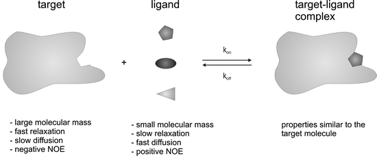 Alteration of the physicochemical properties during the process of binding. On binding, the ligand adopts the properties of the large target molecule due to drastic increase in the effective molecular mass.