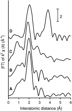 Fourier-transforms of k3-weighted La K-edge EXAFS experimental data for (A) LaHAP, (B) LaFAP, (C) TA-LaFAP, and (D) La2O3.