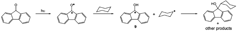 Photochemical reaction of 9-fluorenone with cyclohexane.