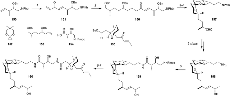 The Kozmin synthesis of bistramide A. Reagents and conditions: (1) 10 mol% Grubbs’ 2nd-generation catalyst, 1.5 equiv. 152, PhH, 60 °C then 1 M H2SO4, MeCN, 63%; (2) 153, 10 mol% Grubbs’ 2nd-generation catalyst, 68%; (3) H2 (80 psi), Pd(OH)2/C; (4) Dess–Martin periodinane, 53% (2 steps); (5) 154, PyBOP, DMF, 85%; (6) Et2NH, DMF; (7) 155, DMF, 20 °C, 65%.