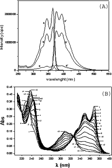(A) Fluorescence excitation (a, b, c) and emission (a′, b′, c′) spectra of III, 1 × 10−5 M, in acetonitrile–water (1:1 v/v) at different times, in minutes: zero (a, a′), 8 (b, b′) and 45 (c, c′). (B) UV-Vis spectra of III, 1 × 10−5 M, in phosphate buffer, 0.02 M, pH 7, as a function of time: (1) t = zero; (2) t = 6 s; (3) t = 12 s; (4) t = 18 s; (5) t = 30 s; (6) t = 54 s; (7) t = 5 min; (8) t = 9 min (9) t = 20 min; (10) t = 40 min; (11) t = 1 h; (12) t = 1.5 h; (13) t = 2 h; (14) t = 3 h; (15) t = 4 h.