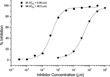 ELISA inhibition experiments with serum obtained from mice immunized with GM3-TT conjugate 25. Synthetic oligosaccharides 21 and 34 were used to inhibit antibody binding to immobilized GM3 conjugate 33.