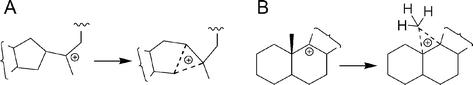 Cyclopropane/carbonium ions as transition states in ring enlargement (A) and 1,2-methyl shifts or cycloartenol formation (B). The long cyclopropane bonds to the pentavalent carbon are shown as dashed lines. The migrating carbon, which becomes pentavalent, can be CR3 (ring-C enlargement for lupeol and hopene), CHR2 (ring-D enlargement for hopene), CH2R (ring-D enlargement for lupeol), or CH3 (methyl migration).