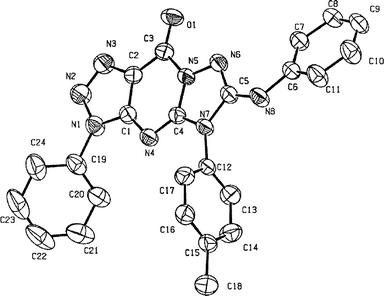 ORTEP diagram of the crystal structure of tricyclic compound 10g (50% thermal ellipsoids). For clarity, solvent molecular (DMF) and all hydrogen atoms have been omitted. Select bond lengths [Å]: C(1)–N(1) 1.354(3), N(1)–N(2) 1.377(3), N(2)–N(3) 1.304(3), C(2)–N(3) 1.371(3), C(1)–C(2) 1.386(3), C(2)–C(3) 1.435(3), C(3)–N(5) 1.420(3), C(4)–N(5) 1.370(3), C(4)–N(4) 1.307(3), C(1)–N(4) 1.361(3), N(5)–N(6) 1.403(3), C(5)–N(6) 1.311(3), C(5)–N(7) 1.389(3), C(4)–N(7) 1.368(3), C(3)–O(1) 1.211(3), C(5)–N(8) 1.347(3), C(6)–N(8) 1.414(3). Selected bond angles [deg]: N(3)–N(2)–N(1) 108.3(2), C(1)–N(1)–N(2) 109.8(2), N(1)–C(1)–C(2) 104.5(2), N(2)–N(1)–C(19) 120.9(2), C(1)–C(2)–C(3) 121.7(2), N(5)–C(3)–C(2) 107.5(2), C(4)–N(5)–C(3) 124.9(2), N(4)–C(4)–N(5) 128.5(2), C(4)–N(4)–C(1) 108.3(2), N(4)–C(1)–C(2) 129.0(2), C(4)–N(5)–N(6) 112.23(18), C(5)–N(6)–N(5) 103.03(19), N(6)–C(5)–N(7) 112.9(2), C(4)–N(7)–C(5) 107.0(2), N(7)–C(4)–N(5) 104.8(2), C(4)–N(7)–C(12) 123.9(2).CCDC reference number 279775. For crystallographic data in CIF or other electronic format see DOI: 10.1039/b513715b