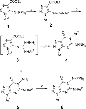 Synthesis of compounds 5 and 6. (a) Ar2NCO, CH2Cl2, 0–5 °C, 24–30 h; (b) NH2NH2·H2O, CH3CN, rt, 10–20 min; (c) PPh3, C2Cl6, NEt3, CH2Cl2, rt, 4–6 h.