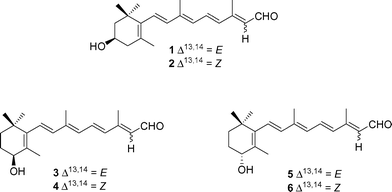 All-trans and 13-cis-isomers of enantiopure C3- and C4-hydroxyretinals.