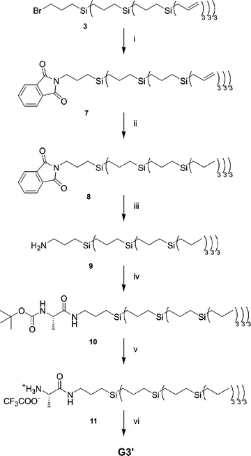 Synthesis of N,N′,N″-1,3,5-tris(l-alaninyl)benzenetricarboxamide core-functionalized dendrimer G3′. Reagents: (i) potassium phthalimide, DMF, 80 °C; (ii) H2, Pd/C (10%), EtOAc; (iii) H2NNH2·H2O, EtOH, reflux followed by HCl (aq), reflux, alkaline work-up; (iv) BOC-l-alanine, DCC, DMAP, CH2Cl2; (v) TFA–CH2Cl2 (1∶1); (vi) trimesic acid, PyBOP, DiPEA, THF.