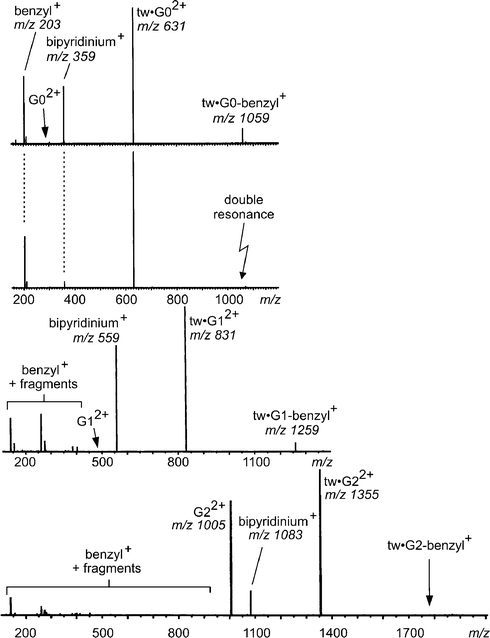 CID mass spectra of mass-selected, dicationic tweezer–viologen complexes (G0: top two rows, G1 third row, G2 bottom row). The second trace shows a double-resonance experiment, which is a CID experiment during which the fragment at m/z 1059 was constantly ejected. All consecutive fragments are thus not formed and can be identified easily.