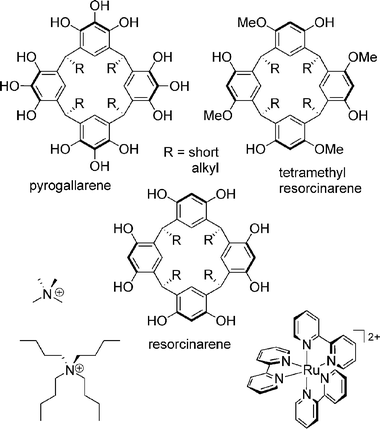 Pyrogallarenes and resorcinarenes which form hexameric capsules through hydrogen bonding. The tetramethylresorcinarene serves as a control compound. At the bottom, three different guest cations are shown, which carry charges to make the capsule MS-detectable.