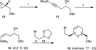 Reagents and conditions and yields: (i) Me3SiCCH, BuLi, Me3Al (cat.), toluene, −78 °C to room temp., 98%; (ii) DIBALH, Et2O, room temp. then reflux, 24 h, 72%; (iii) InCl3, CH2Cl2, room temp., 48 h, 73%.