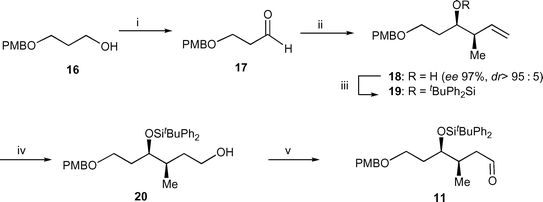 Reagents and conditions and yields: (i) (COCl)2, DMSO, Et3N, CH2Cl2, −78 °C, 96%; (ii) (Z)-butene, tBuOK, n-BuLi, (−)-(Ipc)2B(OMe), BF3·Et2O, THF, −78 °C, NaOH, H2O2, 72%; (iii) tBuPh2SiCl, imid, DMF, 100 °C, 99%; (iv) BH3-DMS, THF, room temp., then H2O2, NaOH, 78%; (v) Dess–Martin periodinane, py, CH2Cl2, room temp., 84%.