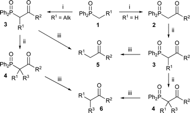 (i) Acylation; (ii) alkylation; (iii) dephosphinoylation.