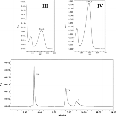 Bottom: HPLC chromatogram of irradiated deoxygenated water solution of anionic I
						(10−4 mol dm−3). Conversion extent of 88%. Top: UV spectra of III and IV.