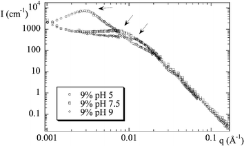 Structure of nanocomposites as seen by small angle neutron scattering. Scattered intensity I(q) is plotted for three samples at identical volume fraction, different precursor solution pH (silica B40, Φsi
					= 9%, pH = 5, 7.5, 9). Arrows indicate the peak position. (Reprinted with permission from ref. 28, copyright 2004, Springer).
