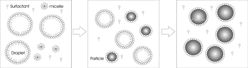 Emulsion intervals (I, II, III) showing the presence of droplets, micelles, free surfactant, nucleated particles and final latex particles.