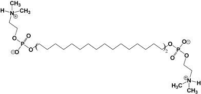 Chemical structure of the bolaamphiphile Me2PE-C32-Me2PE consisting of two bulky headgroups connected by a C32 alkyl chain.