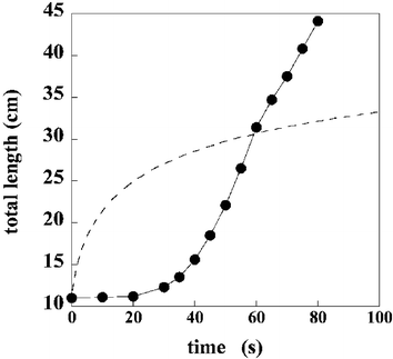 Distance covered by the fluid front in an inclined plane experiment.14 The experimental points are compared with the prediction of the H–B model (dashed line).