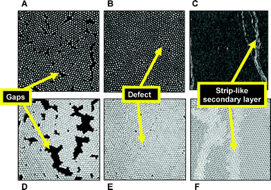 Structure of monolayers of monodisperse spherical particles subjected to uniaxial compression: A–C, scanning electron micrographs of gold nanoparticles compressed on a Langmuir trough;67 D–F, simulated monolayers from Brownian dynamics.66 Each set of images shows gaps, defects, and displaced secondary layers, depending on whether the monolayer is in the uncompressed state (A and D), is compressed to an interfacial stress just below the collapse point (B and E), or is compressed to a stress beyond the collapse point (C and F). Image dimensions: A, B, 350 × 350 nm; C, 3 × 3 µm.