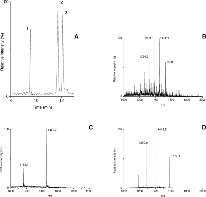 
            CE–MS of a protein test mixture using a PB–PVS coated capillary and a BGE of 75 mM ammonium formate (pH 8.5). (A) sum of extracted-ion electropherograms obtained at m/z 1383.3, 1452.7 and 1419.5; (B), (C) and (D) average mass spectra of peaks 1 (carbonic anhydrase), 2 (insulin) and 3 (α-lactalbumin), respectively.