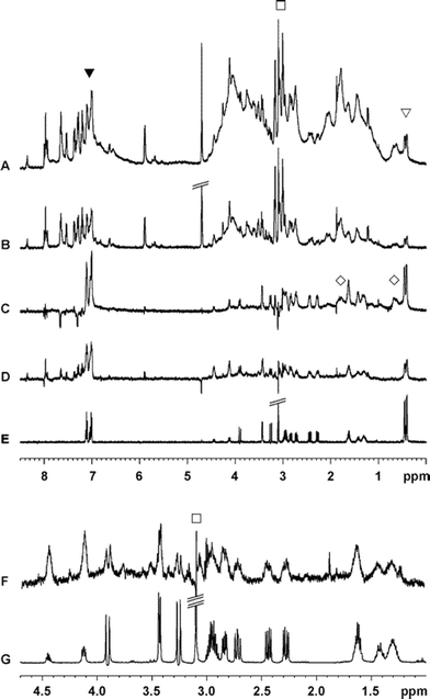 Filter effect of the STDD technique. In panel A, the crowded 1H STD NMR spectrum of a platelet suspension with cyclo(-RGDfv-) is shown, where ▼and ▽ denote the only quantifiable signals. The unsatisfactory filter effect of a T1ρ-element to suppress signals of the platelets resulted in spectrum B. Spectrum C (700 MHz) and D (500 MHz) show the filter effect of the saturation double difference, when compared to the spectrum of the ligand only (E). The platelet signals are marked with ◇ Spectrum F and G show expansions of spectra D and E to highlight the strong filter effect of the STDD method. Signals of TRIS included in deuterated TBS buffer are indicated by □.