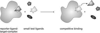 Depiction of competition-based screening. Low- to medium-affinity binders are displaced from their binding site by higher affinity binders. In this experiment, only the signals of these low- to medium-affinity binders (reporter ligands) are monitored.