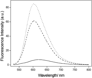 Fluorescence emission spectra (λex = 510 nm) of 0.15 µM EB (solid line); mixture of 0.15 µM EB—0.466 µM dsDNA (dotted line) and mixture of 0.15 µM EB–0.466 µM dsDNA–22.8 nM thrombin (dashed line).