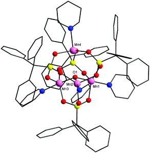 The structure of 1 in the crystal. Pink, Mn; red, O; yellow, P; blue, N; black, C. H-atoms omitted for clarity.