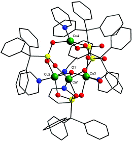 The structure of 3 in the crystal. Colours as Fig. 1 plus green, Cu.