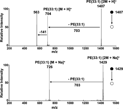 MS/MS product ion spectra of a) [2PE(33∶1) + H]+ and b) [2PE(33∶1) + Na]+.