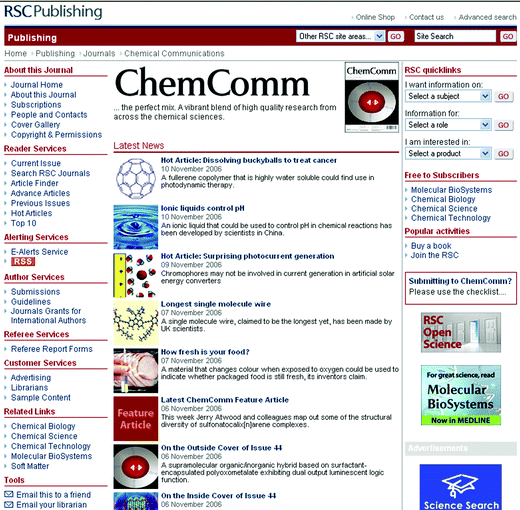 The ChemComm homepage with hot articles highlighted.
