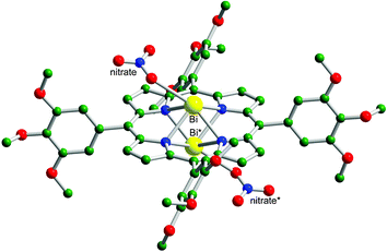 The crystal structure of 2. The hydrogen atoms have been omitted for clarity. Bi*, 50% occupancy of bismuth atom in the complex; nitrate*, 50% occupancy of nitrate group in 2. Color code: Bi, yellow; O, red; N, blue; C, green.