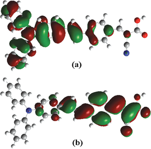 The frontier (a) HOMO and (b) LUMO orbitals of TA-St-CA optimized with TD-DFT at the B3LYP/6-31+G(d) level.