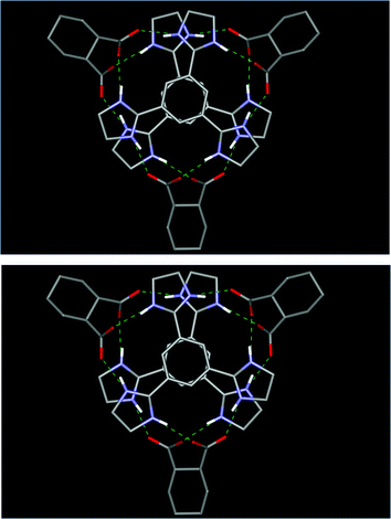 Crystal structure of M-[12·2RR3] (top) and P-[12·2SS3] (bottom). C (grey); O (red); N (blue); H (white). Hydrogen bonds are indicated in green dotted lines. All hydrogen atoms except for two hydrogen atoms in the imidazolinium group are omitted for clarity.