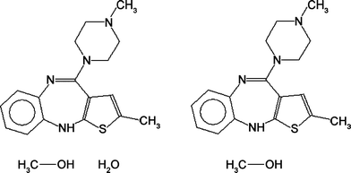 An example of a hydrate versus anhydrate pair, the 2-D connectivities of CSD entries ELEVOG and UNOGOT are shown. There must be a 1-to-1 match between all molecules (other than the water molecule); in this case, the methanol was required to be present in both structures.