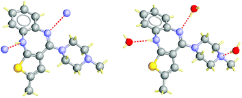 Example of a structural pair, CSD refcode UNOGIN (left) is the anhydrous crystal, AQOMAU (right) is a dihydrate. Hydrogen bonds are shown as dotted lines. There are three unsatisfied acceptors in the anhydrate, two in the hydrate.