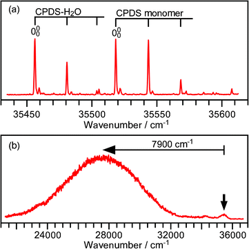 Fluorescence excitation (a) and dispersed fluorescence (b) spectra of the CPDS–H2O cluster. The dispersed fluorescence spectrum was measured exciting the origin band. The arrow indicates the excitation wavenumber.