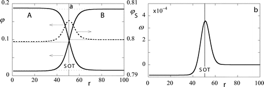 (a) The volume fraction profile across a cylindrical interface; A and B segments continuous lines (left ordinate), S dotted line (right ordinate). The r coordinate is chosen such that r = 1 is the first lattice layer at the center of the cylinder. (b) The grand potential density (multiplied by 104 and in units kBT/(2b2)) profile across a cylindrical interface. Parameters: N = 100, φbS = 0.8, χ = 0.15, and nA/Lx = 33.