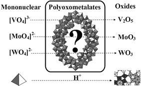 Polyoxometalates are formed in experimental conditions that allow linking of polyhedra. Discrete structures are formed as long as the system is not driven all the way to the oxide. One such example, in this case a part of a {Mo256Eu8} cluster unit,36 is depicted in the square.