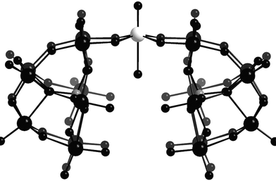 The structure of the [OPtIV(H2O)(PW9O34)]16− complex. W = large black spheres, O = small black spheres, Pt = white, P = grey. Note the oxo ligand of the PtO unit is assigned to the oxo site above the Pt ion whereas the site in the ‘cavity’ is assigned as water.