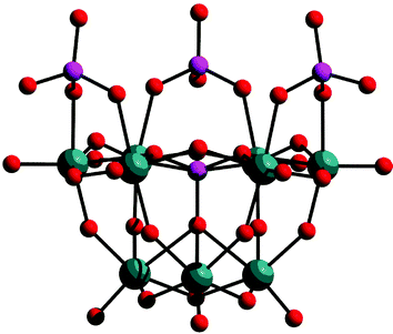 View of the {(PO2)3PNb9O34}15− cluster showing the surface decoration by three phosphates. Colour scheme: Nb, dark green; P, purple; O, red.