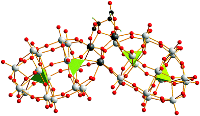A representation of the structure of {α-P2W15O55(H2O)[Zr3(μ3-O)(H2O)(tartH)[α-P2W16O59]}15−. Colour scheme: W, grey; Zr, deep grey; O, red; C, black; H, light blue. The PO4 moieties are shown as green tetrahedra.