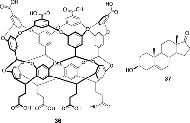 Structure of cavitand monomer 36 which dimerizes via the hydrophobic effect and structure of the best guest, (+)-dehydroisoandrosterone 37.